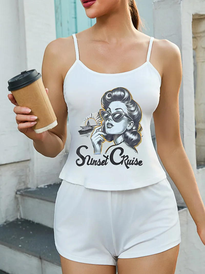 Women's Camisole Shorts Homewear Set Cartoon Personalized Print Homewear Shorts Sets Pure Desire Charming Backless Deep V QBM4