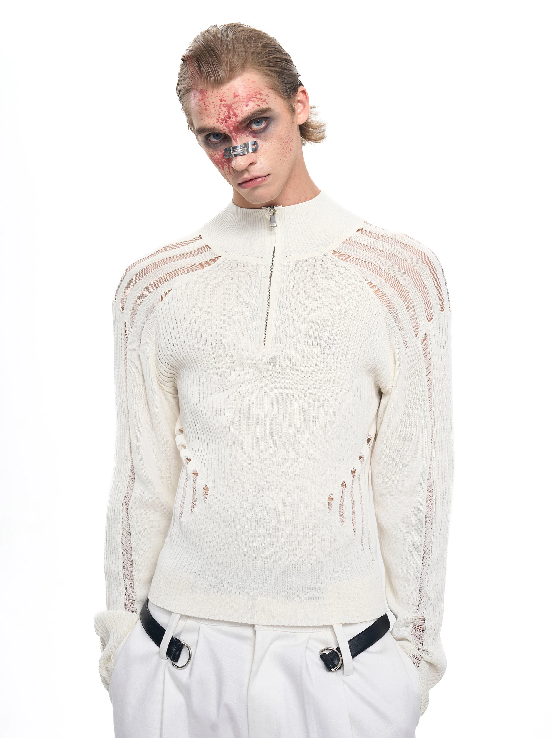 Black Thin Long Sleeved Sweater Cardigan Men in Early Autumn Hollowed Out Stand Up Collar Slim Fit Knit Sweater Jackets