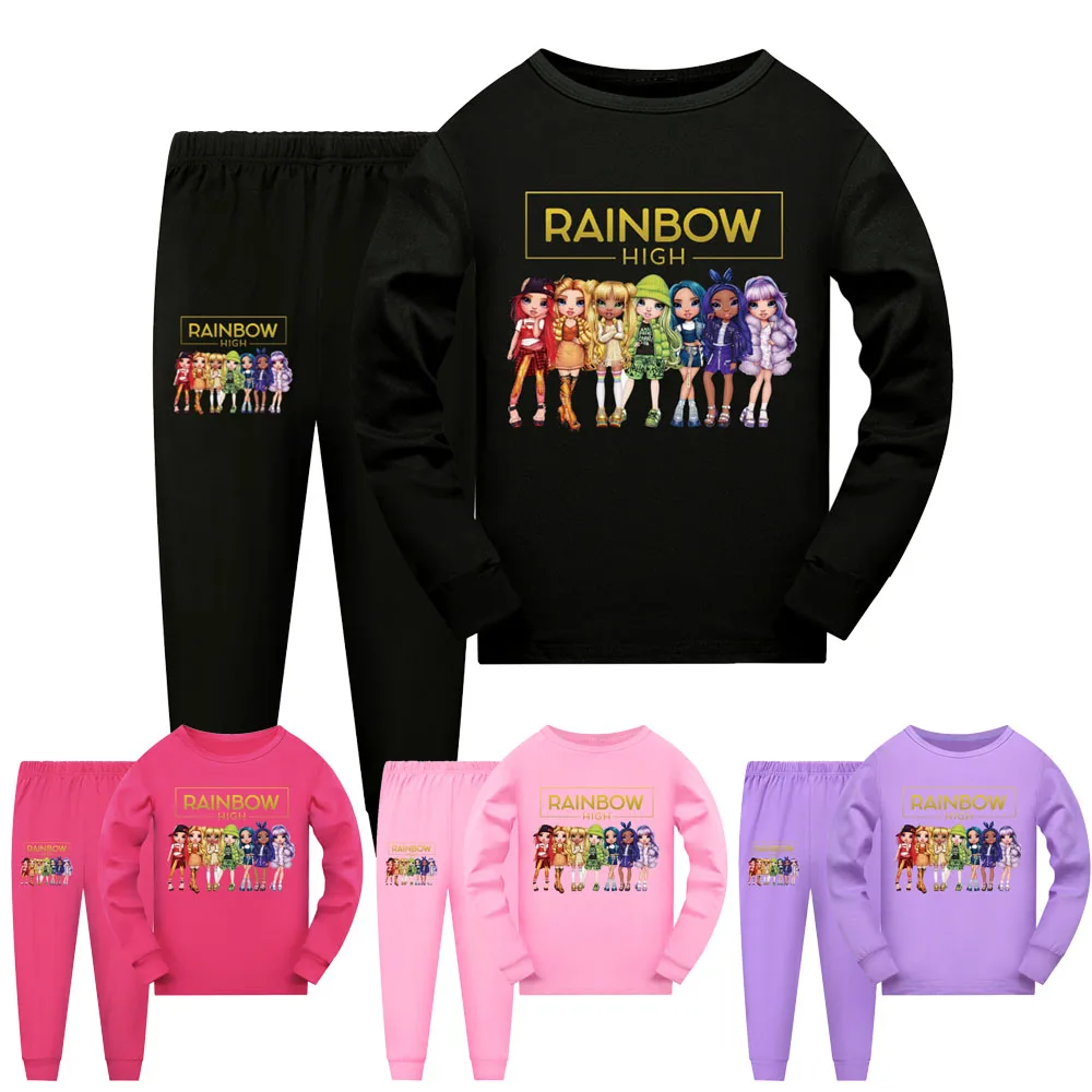 Kids Rainbow High Costume Cartoon Pyjama Baby Girls Long Sleeve T Shirt Pants 2pcs Sets Boys and Girls Casual Sleepwear homewear