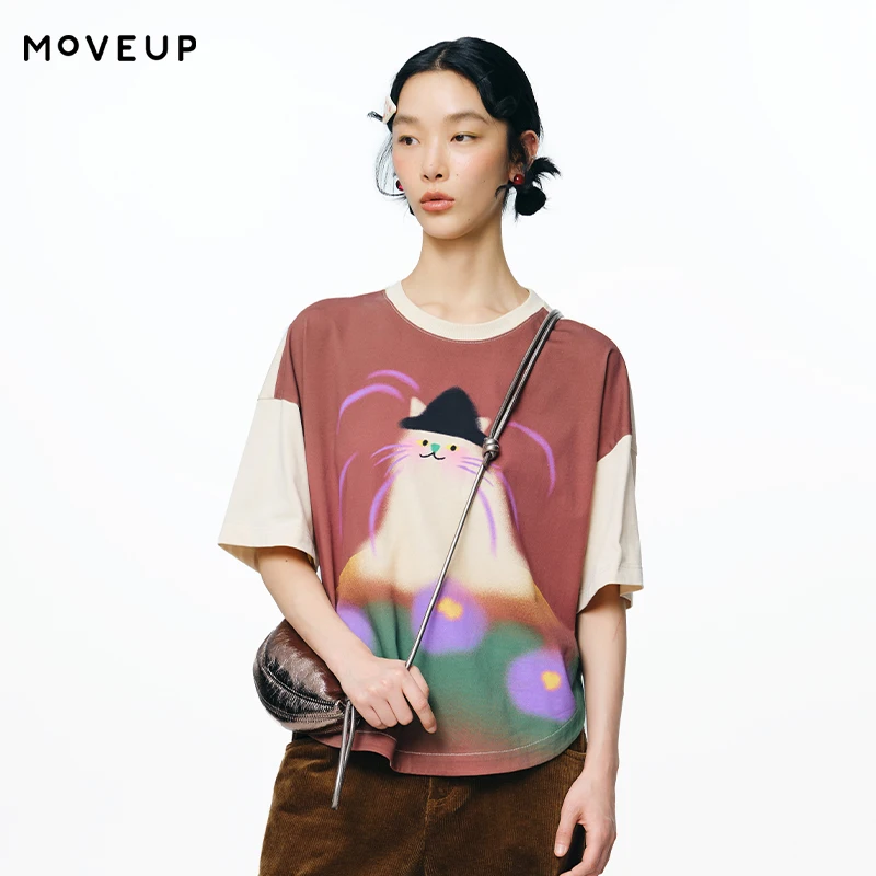 MOVEUP Short Sleeved Round Neck Top Autumn Drop Sleeves Contrasting Cartoon Print Curved Hem Casual Top For Women 3EWQ10516