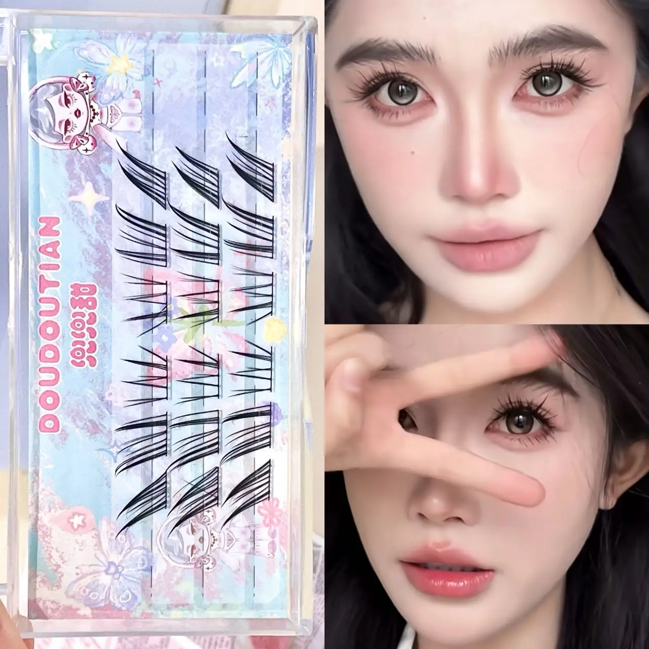 Doudoutian Cool Cat Slanted False Lashes Thin Clear Band Soft Fluffy Cat Eye Lashes Lightweight for Daily Dating Beginner Makeup