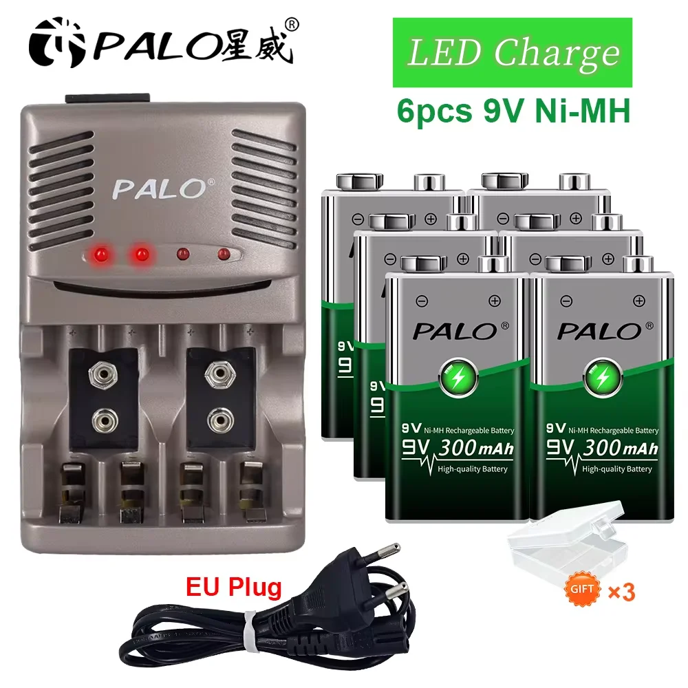 

PALO 9V 300mah Nimh Rechargeable Battery with LED charger for 1.2v nimh aa aaa rechargeable battery 9v nimh battery rechargeable