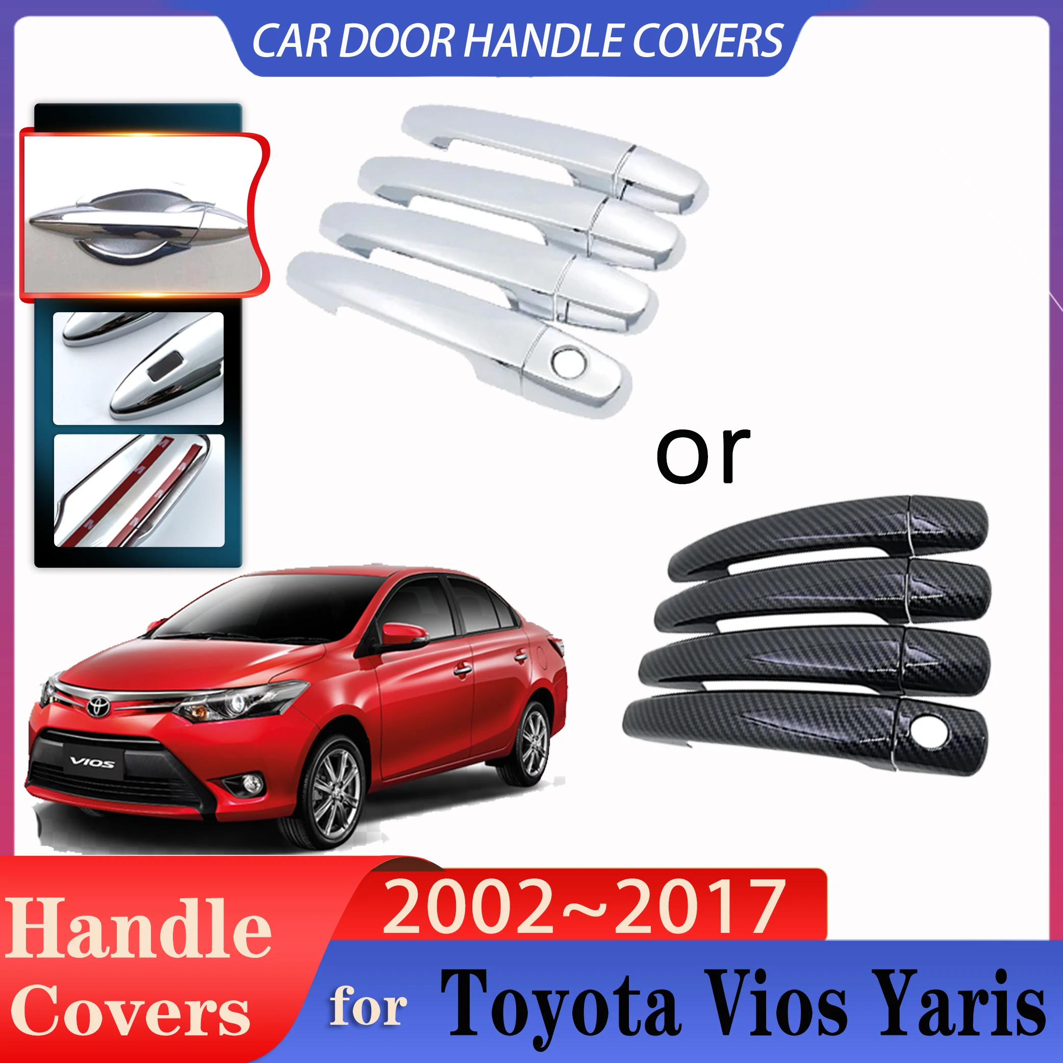 Imitação De Fibra De Carbono Cromado Maçanetas, Acessórios Do Carro, Toyota Vios, Yaris, XP40, XP90, XP150, Belta, 2002-2017