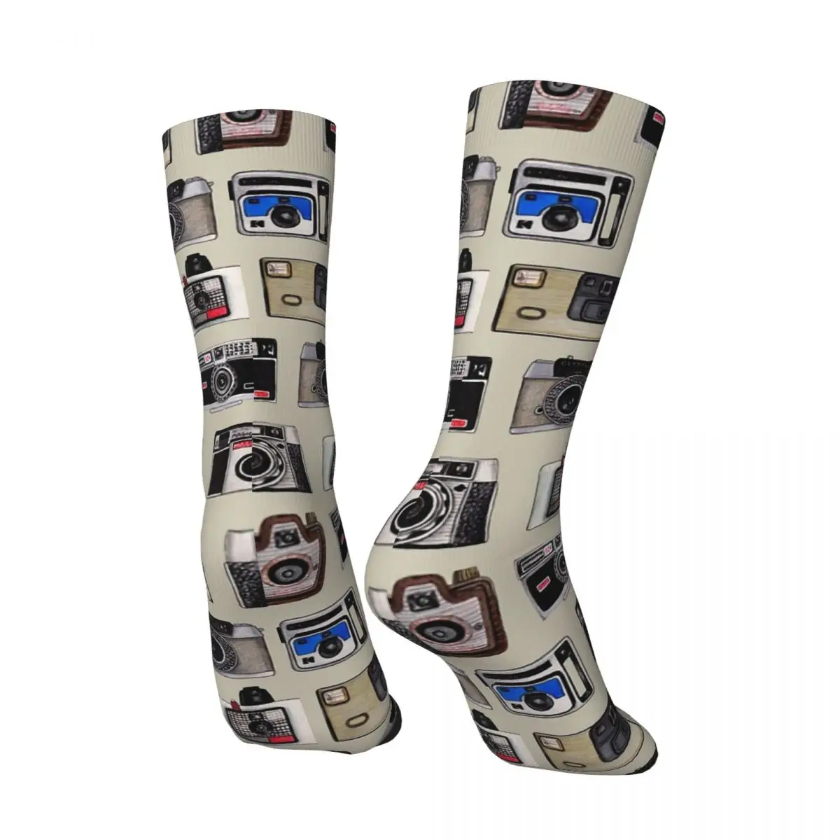 Funny Crazy Sock for Men Photography Pattern Hip Hop Harajuku Old Style Camera Happy Seamless Pattern Printed Boys Crew Sock