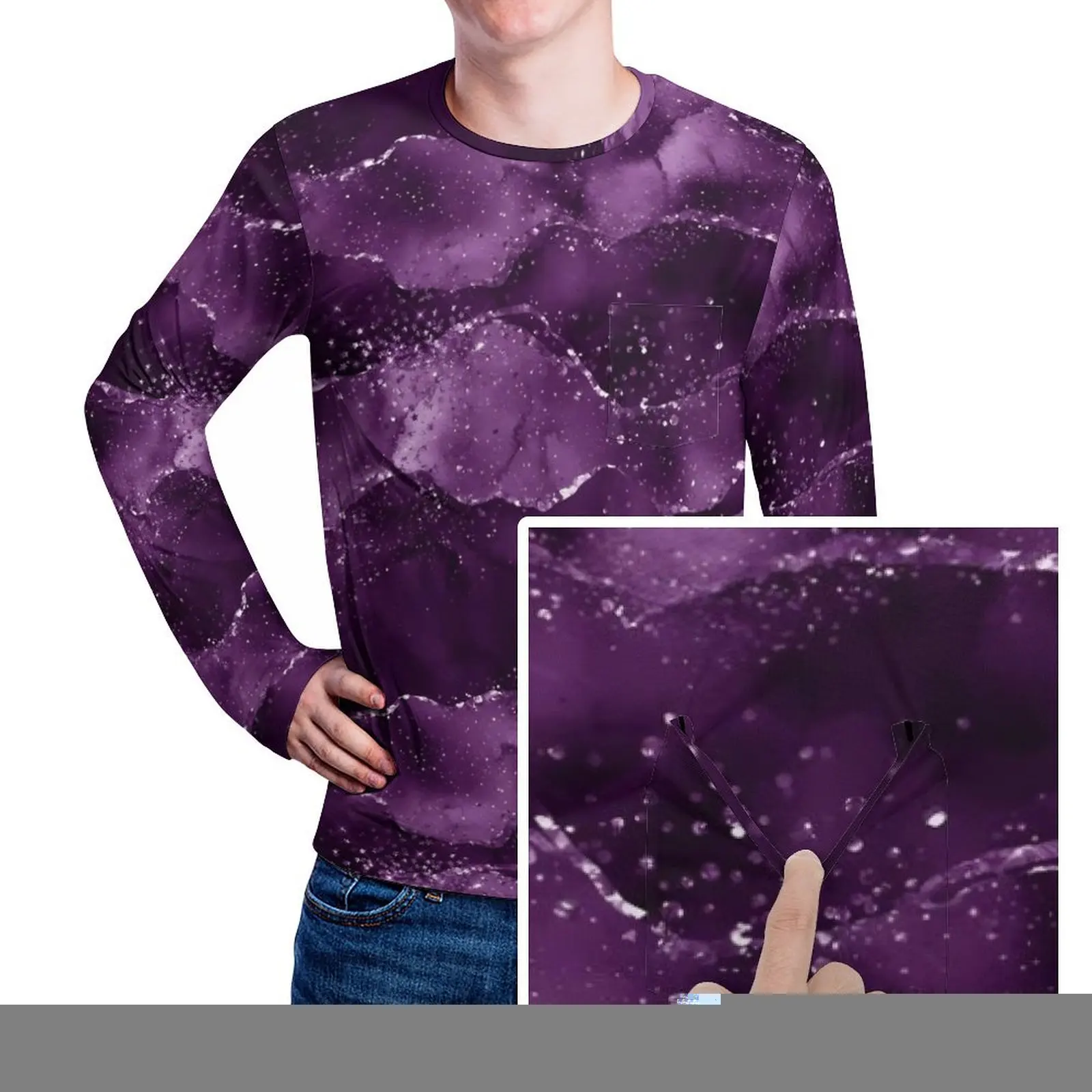 Marble T-Shirt Moody Purple Agate Fashion T-Shirts With Pocket Long Sleeve Custom Tshirt Spring Funny Oversized Clothing