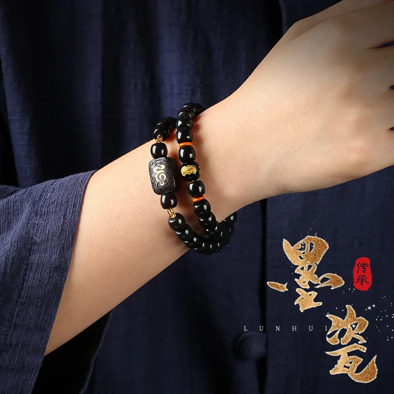 Shake the sound and explode the ink porcelain bodhi root bucket beads double loop hand string Seiko pig liver color Buddha beads
