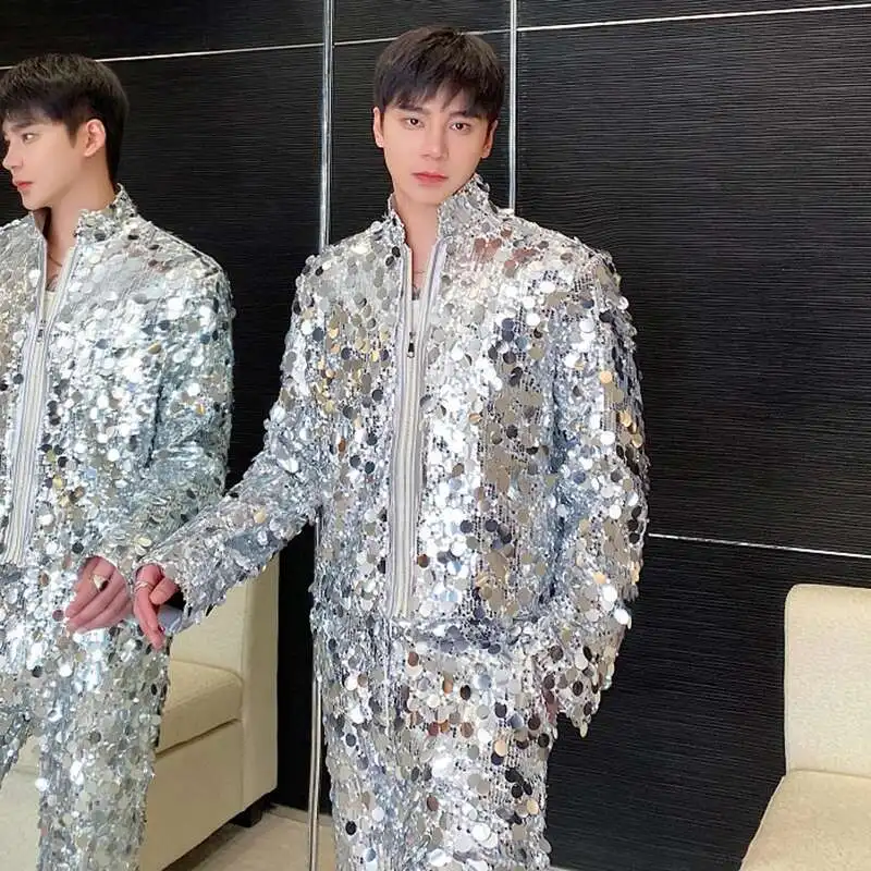 LUZHEN Personalized Sequin Stand Up Collar Short Jacket Trendy Cool Stage Outfit New 2025 Stylish High Street Men\'s Tops LZ6684