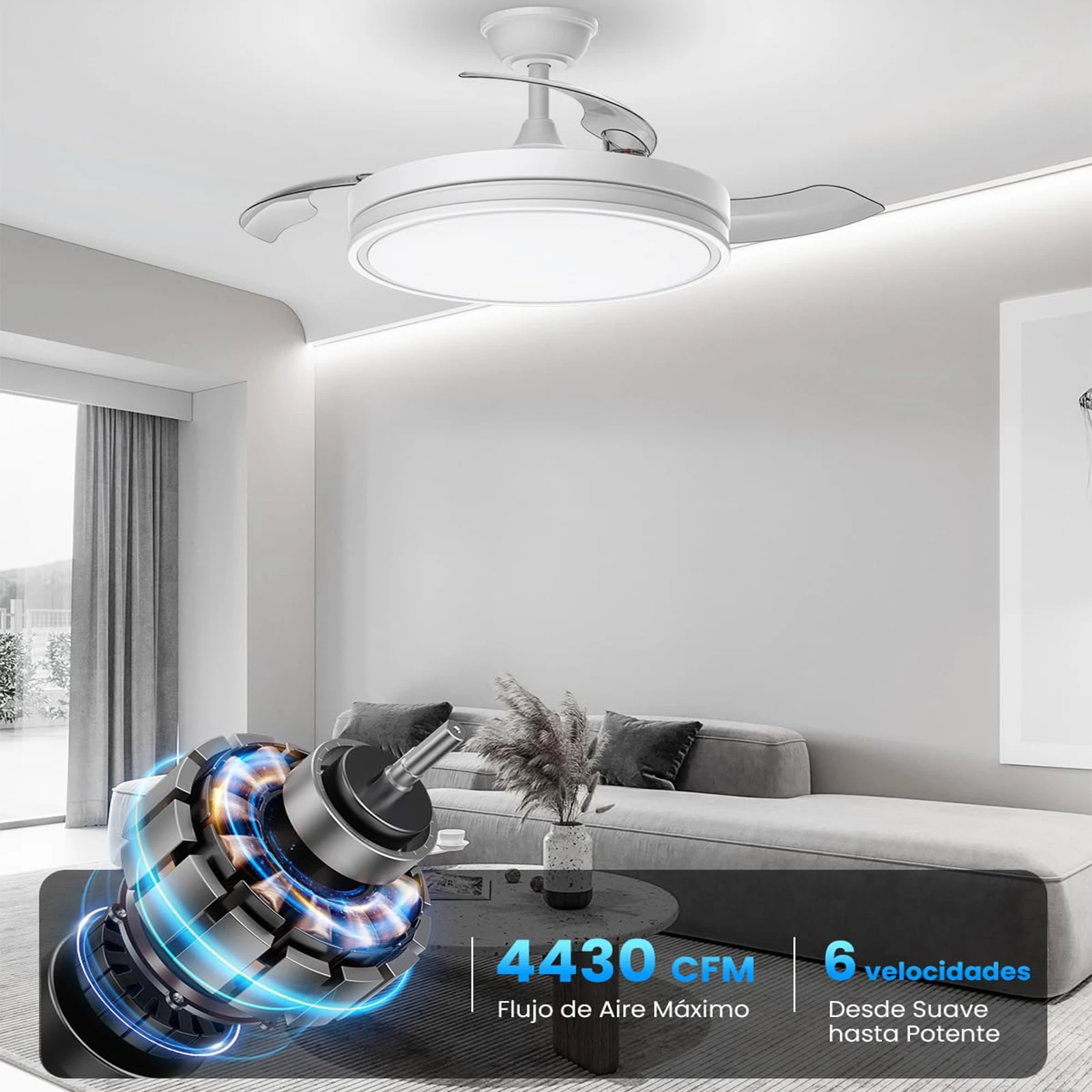 IRALAN Ceiling Fan 6-Speed Reversible Invisible Blade Fan Light 3 Color Dimmable Pendant Lamp with Remote for Bedroom Kitchen