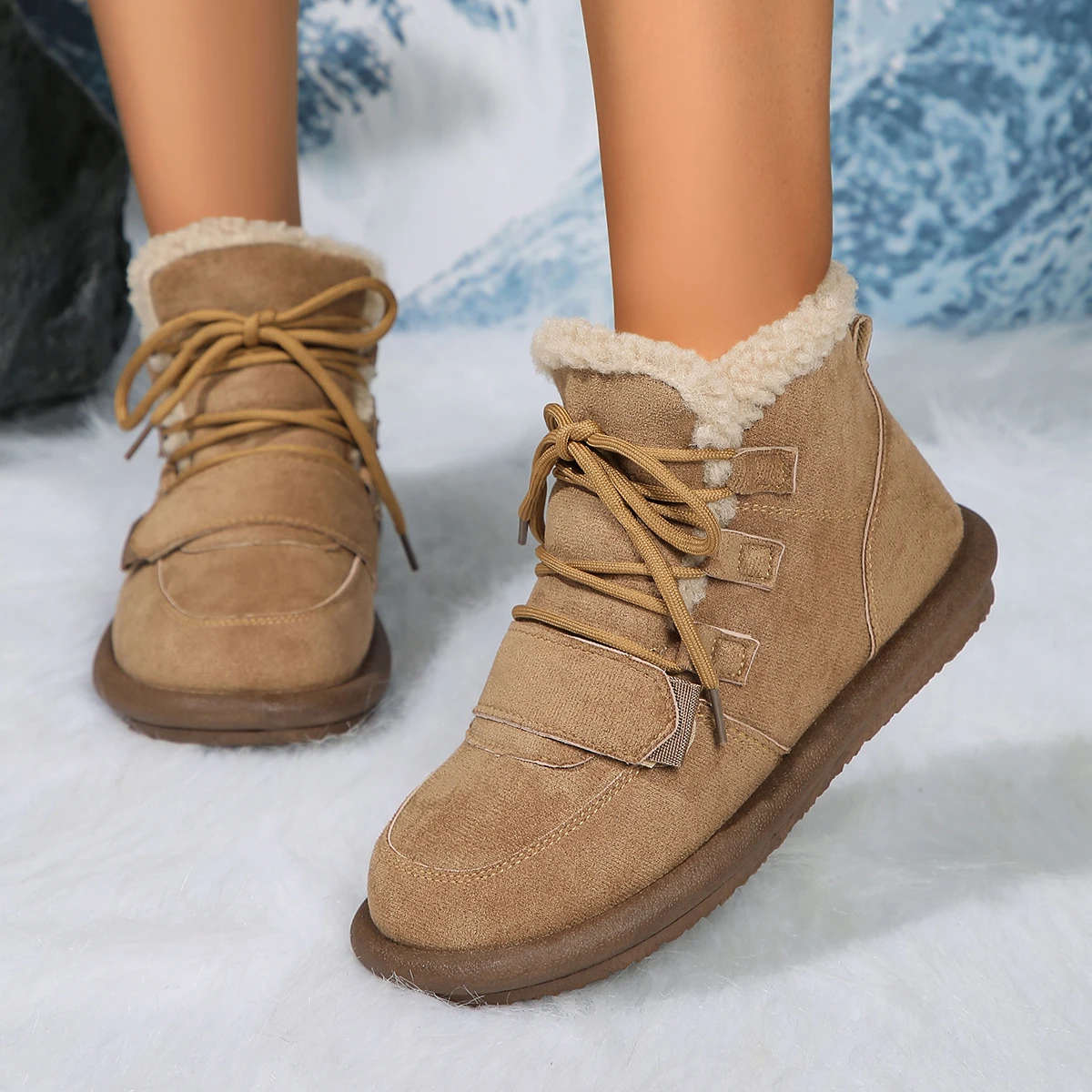 Botas de tornozelo com cordões para mulheres, sapatos de algodão, manter aquecido, casual, algodão, mais veludo, inverno