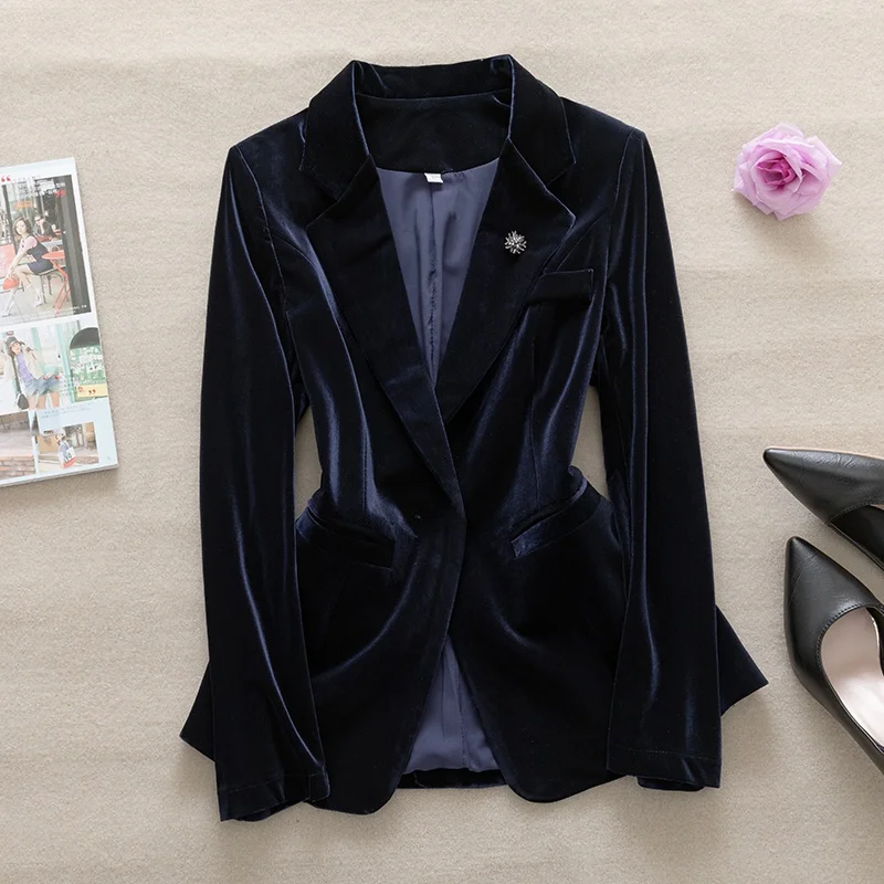 

Женский бархатный костюм-двойка: пиджак и брюки из золотистого бархата, весна-осень, высококачественный деловой комплект больших размеров для офиса и профессиональной носки