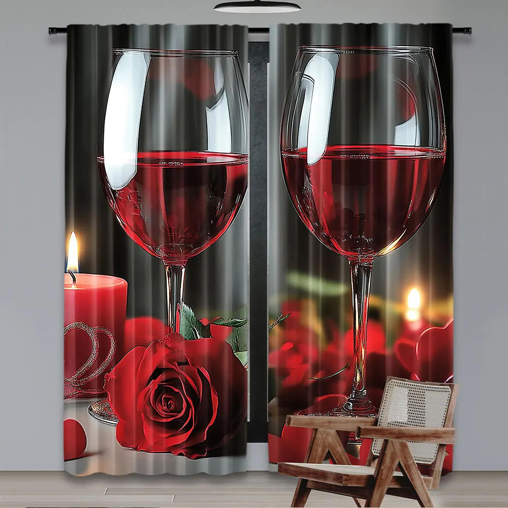 2Pcs Red Rose Curtains Rose Wine Decor Curtains Romantic Floral Flower Art Print Window Drapes Perfect For Living Room Game Room