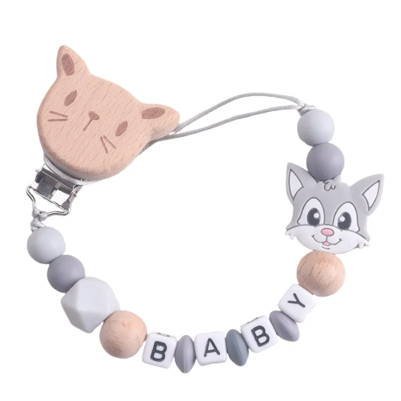 Baby Beech Wood Pacifier Clip Silicone Cat Fox Beaded Nipple Chain For Baby Soother Pacifier Holder Chain Nursing Toy