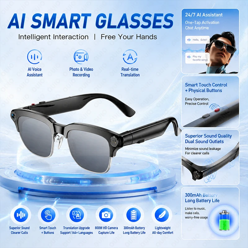 

New 800W HD Camera AI Smart Glasses Real-time Translation Video Recording AI Voice Assistant Recording Dual Speakers Sunglasses