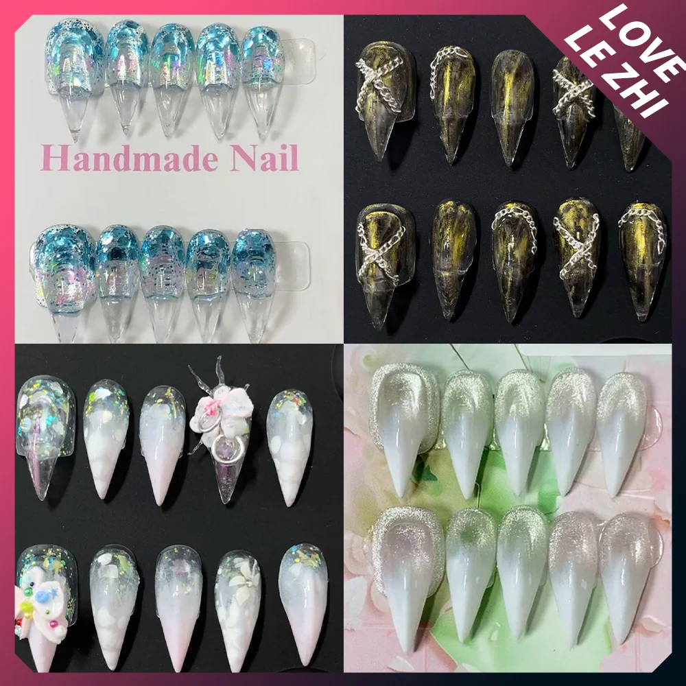 

Shining Clear Glitter Short Dragon Claws Cat Paws Press-On Nails Handmade Gradient Color Lace Element Fake Nail Accessories Gift
