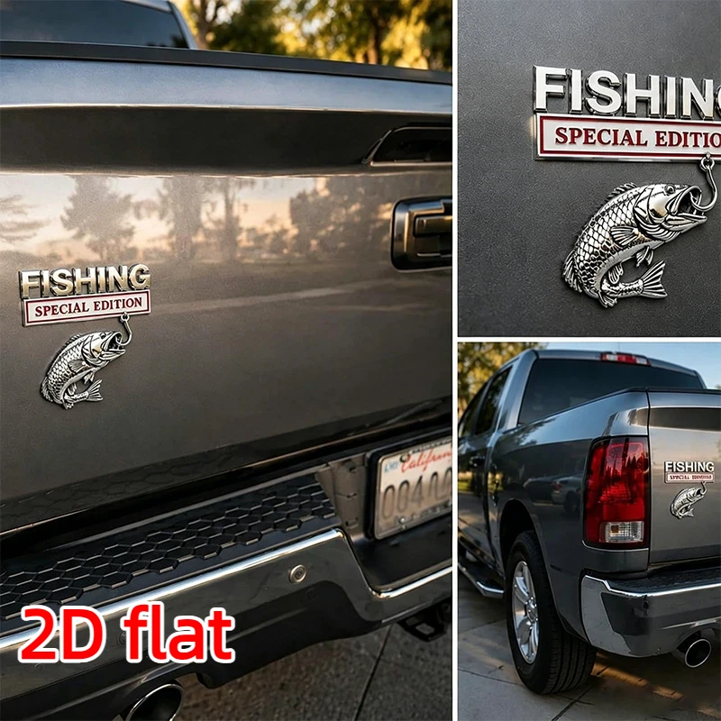 2D Flat Metal Fishing Special Edition Car Sticker Emblem Badge Bass Retro Auto Side Fender Trunk Decal Vehicle Decor Accessory ﻿