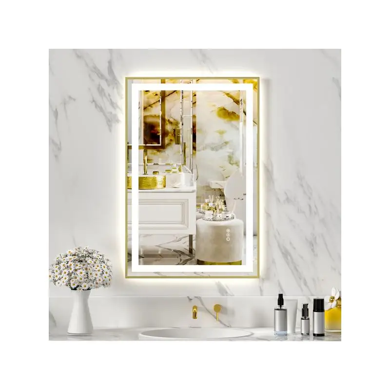 24x36 Gold Tempered Mirror Dual LED Light Strips Front Back Lighting, No Weekend Shipping, USPS FedEx