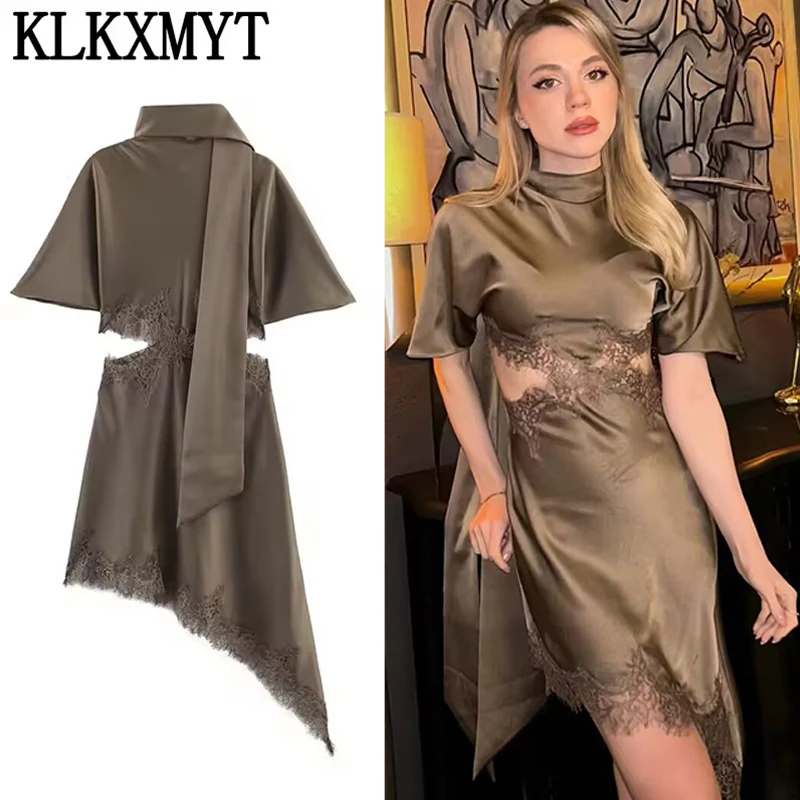 KLKXMYT Damen Mini-Kleid mit asymmetrischem Schal-Kragen – Modisches Frühjahr/Sommer 2026 Elegantes, sexy und schickes Kleid für den Urlaub und besondere Anlässe