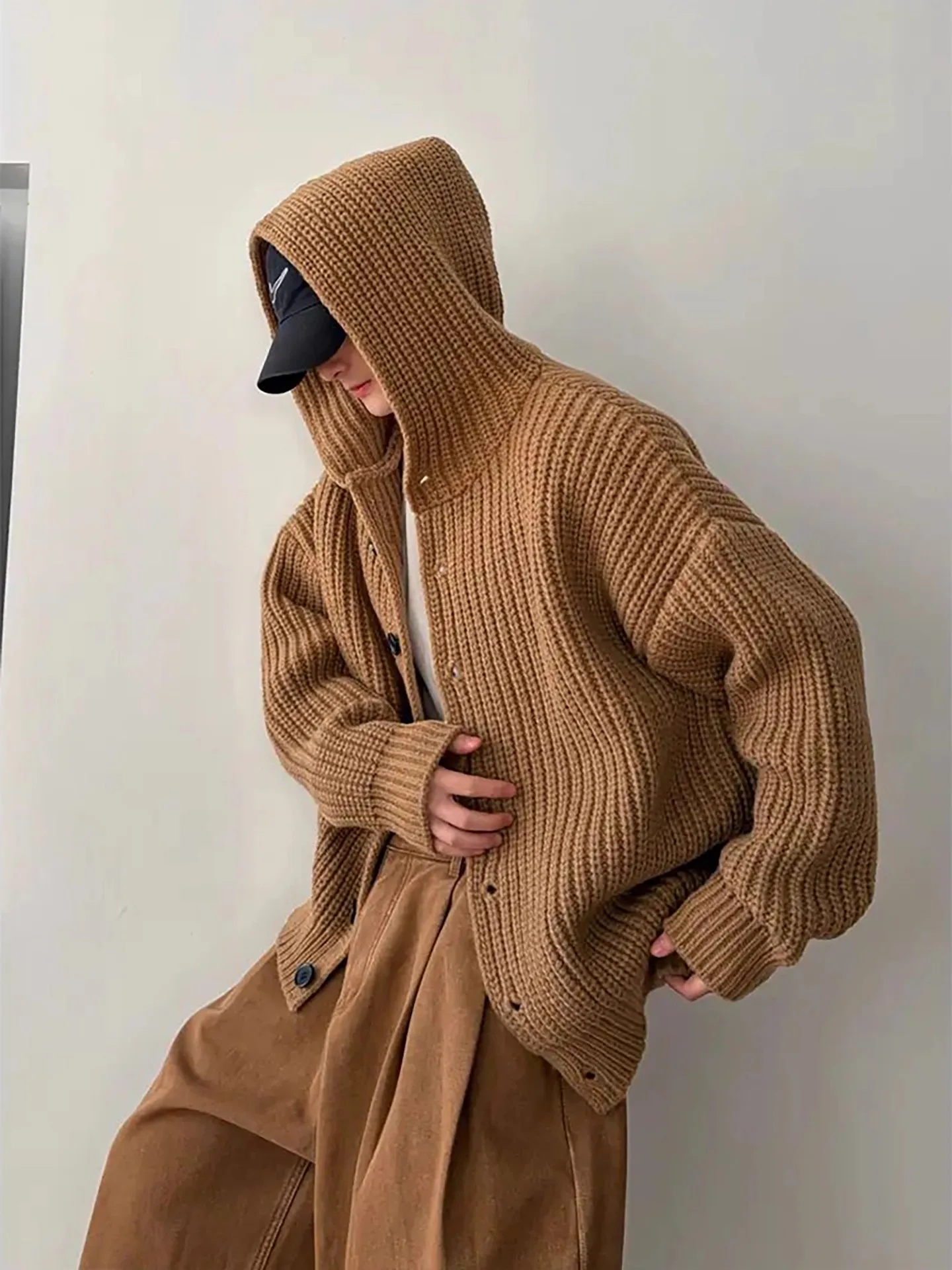 American Style Heavyweight Orange Knitwear Jacket Men's Autumn Winter Lazy High-End Feeling Hooded Knitted Sweater Thick Need...