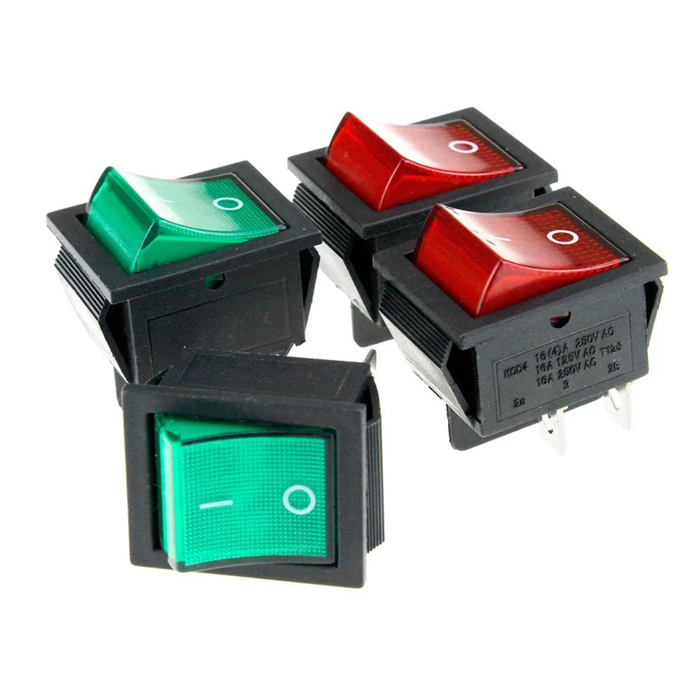 

Rocker On/Off Switch 16A 250V 4 Pin Terminals Green+Red Indicator Type with Light Household Appliances
