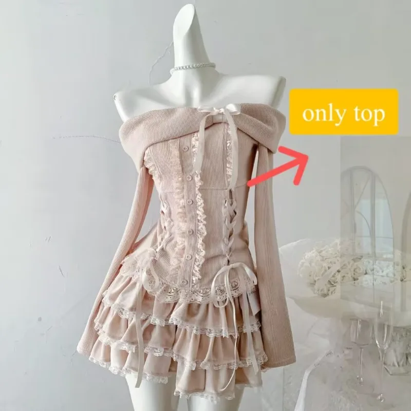 Sweet Cute Girl Spliced Lotus Leaf Edge Waist Cinching Slim Slash Neck Top High Waist Cake Skirt Two Piece Sets Pink New Clothes image 5