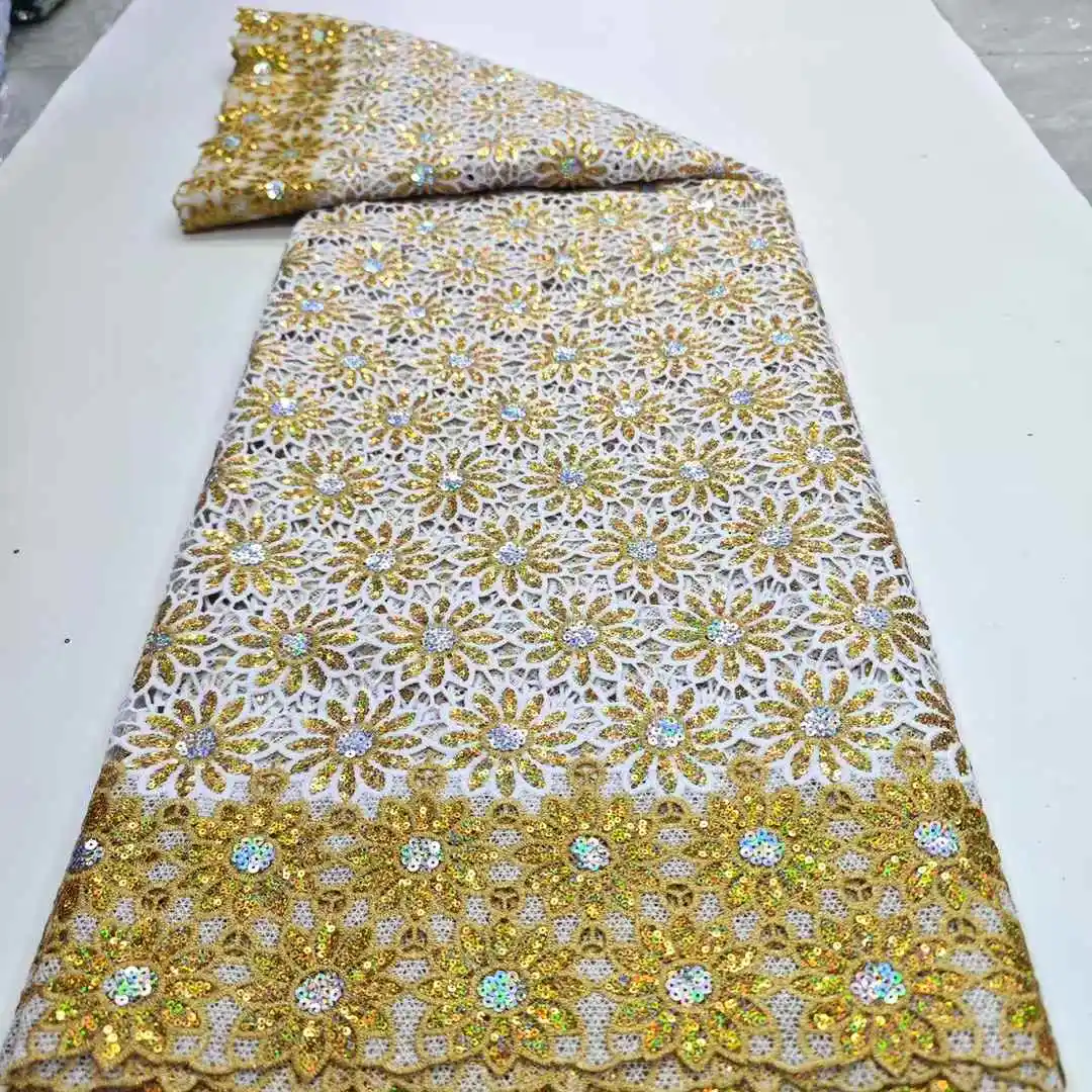 

African Guipure Cord Lace Fabric 2025 High Quality with sequins Water Soluble Lace Fabric Embroidery for Wedding Dresses