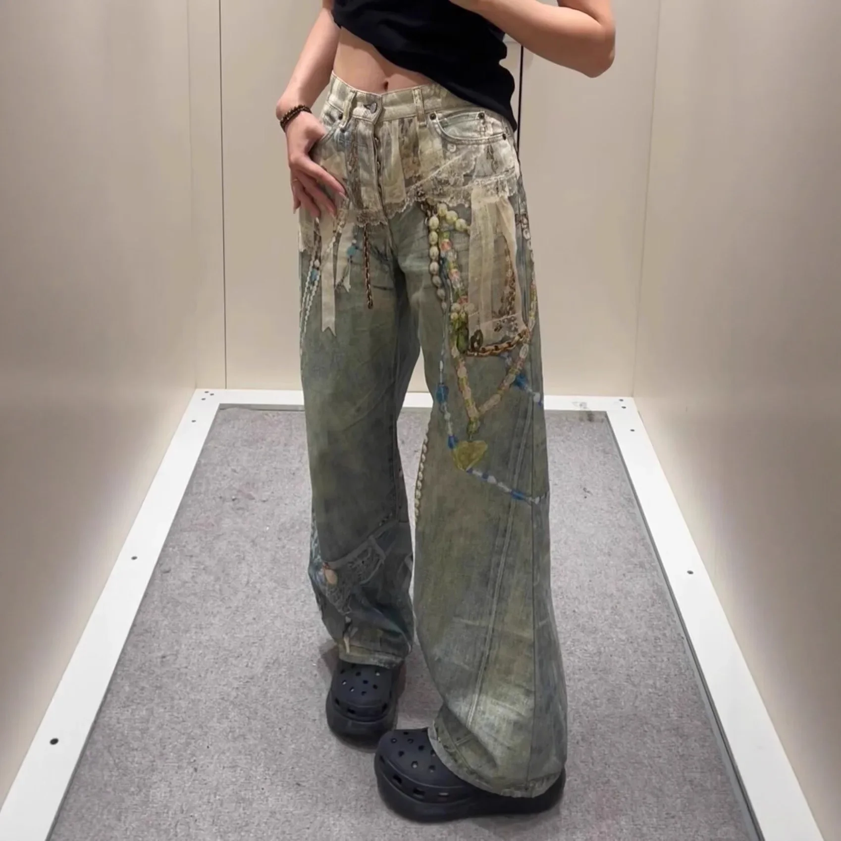 2025 New 3D Printed Lace Pearl Chain Printed Vintage Denim Jeans High Waist Straight Leg for Men And Women Trendy High Street St