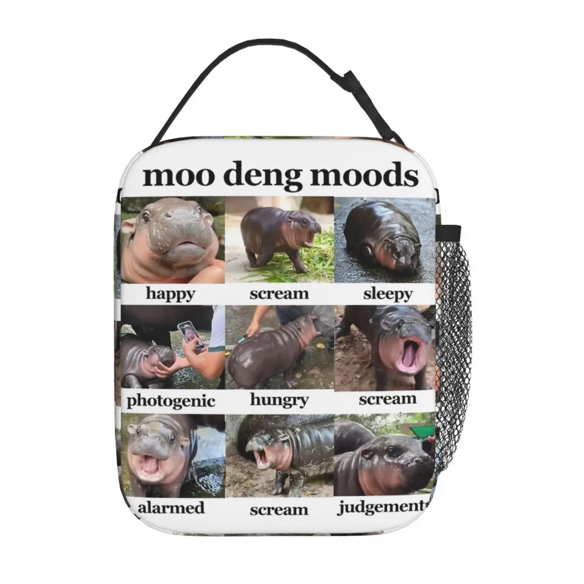 Funny Moo Deng Moods Meme Insulated Lunch Bags For School Hippo Animal Storage Food Boxes Portable Cooler Thermal Lunch Boxes