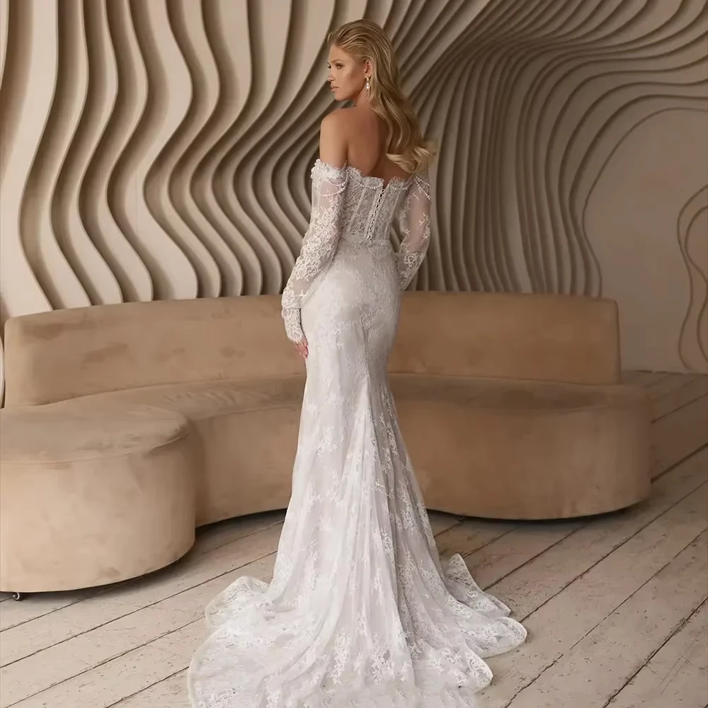فساتين زفاف مثيرة مخصصة من الدانتيل حورية البحر للنساء لؤلؤ على شكل قلب ورقبة على شكل قلب وأكمام طويلة فستان زفاف فيستدوس فستان زفاف