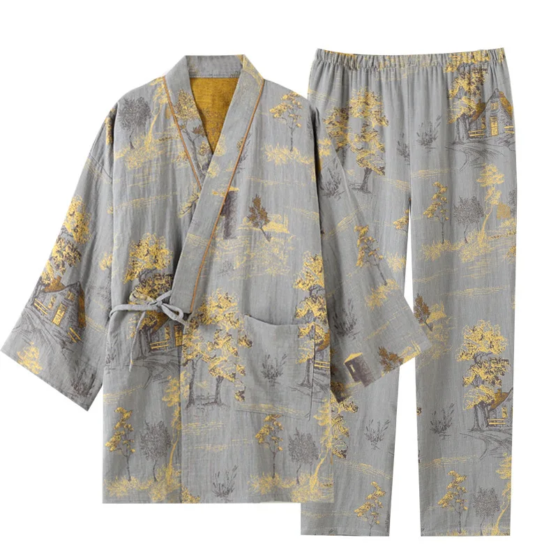 

Men's Cotton Kimono, Japanese Style Loose Kimono, Jacquard Tie Waist Kimono, Home Loungewear Breathable Comfortable Pajama Set