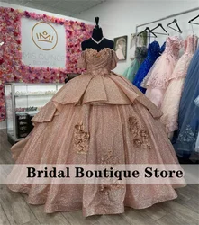 Sparkly Rose Gold Princess Quinceanera Dresses Pearls Ball Gown Glitter Appliques Crystals Beads Sweet 15th Dress  Customized