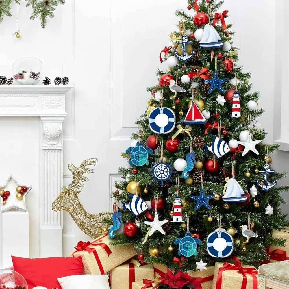 

24pcs Wooden Summer Navigation Pendant Cartoon Seahorse boats Sea Animals Hanging Ornament Starfish Turtle