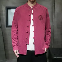 Hot sales Men's Shirt Chinese Style Cotton Tang Suit Cardigan Men Embroidered Loose Shirts Traditional Kung Fu Tai Chi Shirt Top