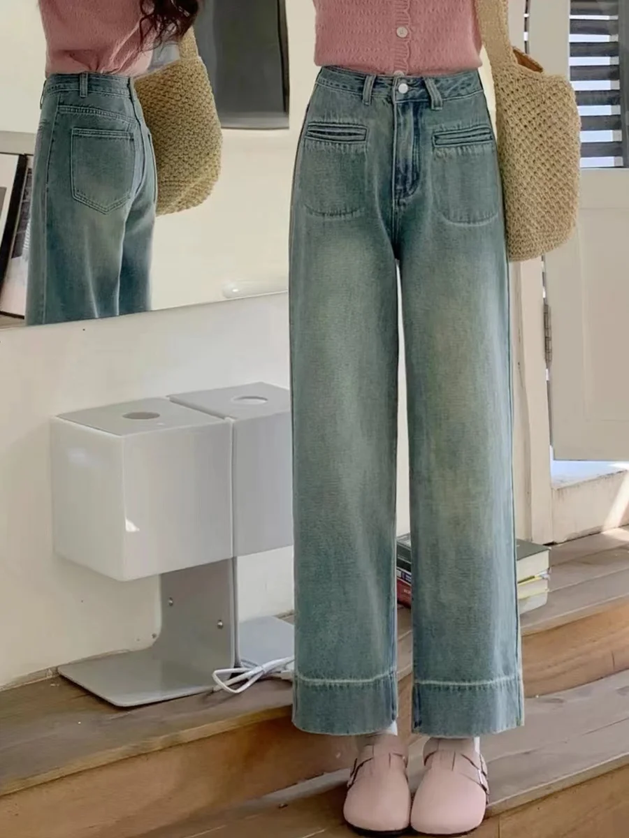 Jeans en denim léger à taille haute et jambes larges pour femmes, coupe droite ample, printemps automne, taille plus