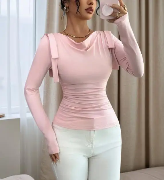 

Women's T-Shirt Spring Style Fresh Sweet Girl's Style Pink Fashion Swing Collar Bow Strap Decoration Elegant Long Sleeve T-Shirt