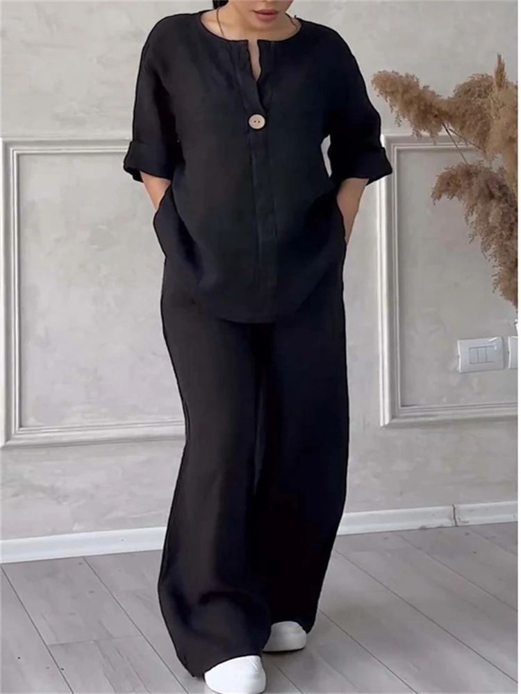 Women Casual Solid V Neck Set Fashion Autumn Spring Two piece Set Cotton and Linen Sets Shirt Top Wide-leg Pant Long Sleeve Suit