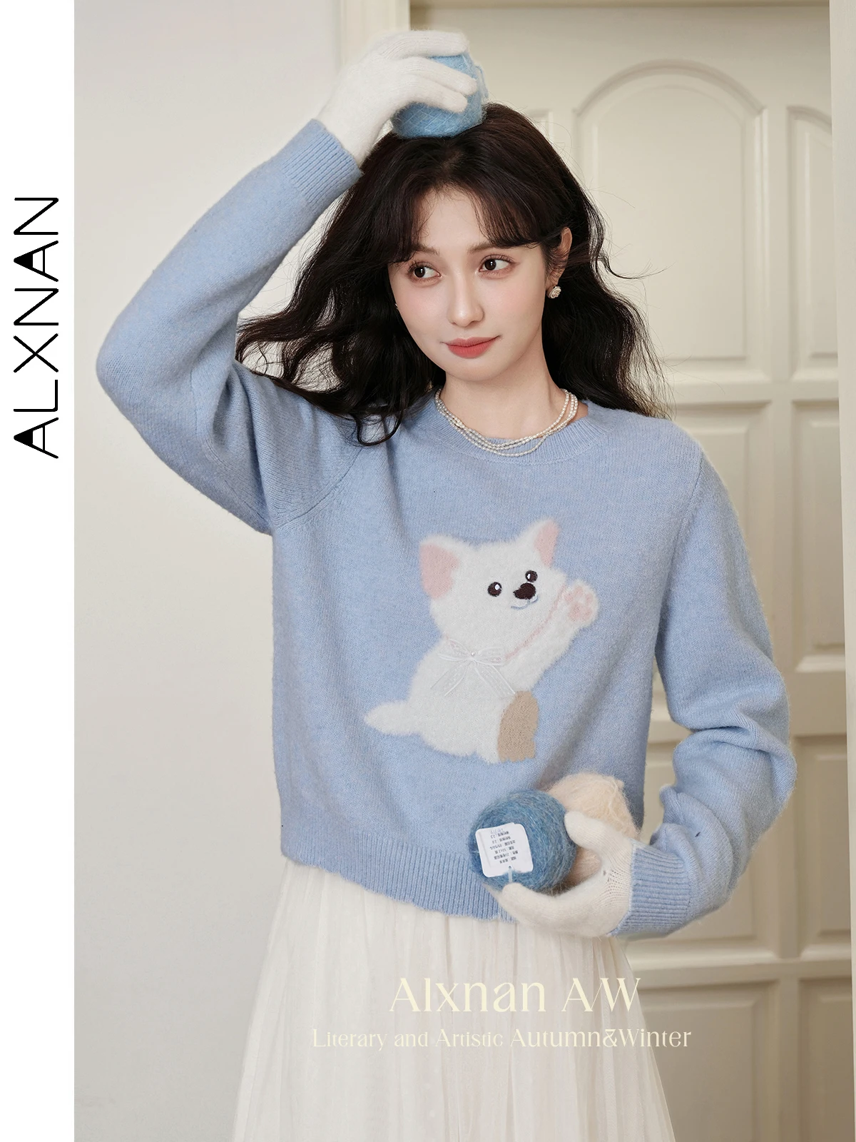 

ALXNAN Women's Lake Blue Sweaters Languid Warm O-neck Animal Pattern Lace Bow Long Sleeve 2024 Fall Winter Sweet Pullover L51705