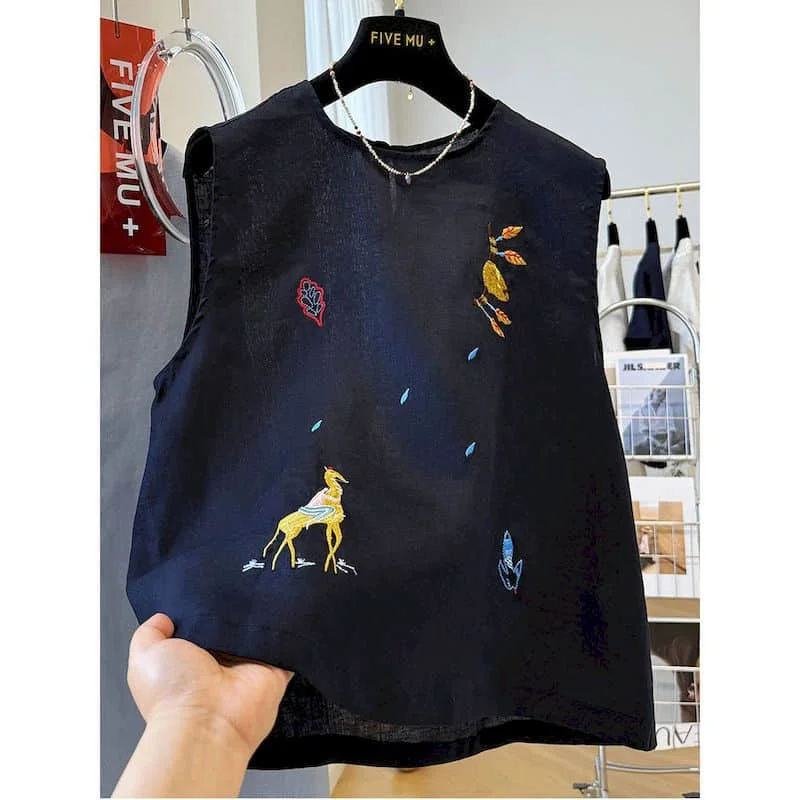 

Summer Tank Tops Embroidery O-neck Elegant Loose Casual Korean Style Sleeveless A Hemline Shirt Youthful Styling Women Clothing