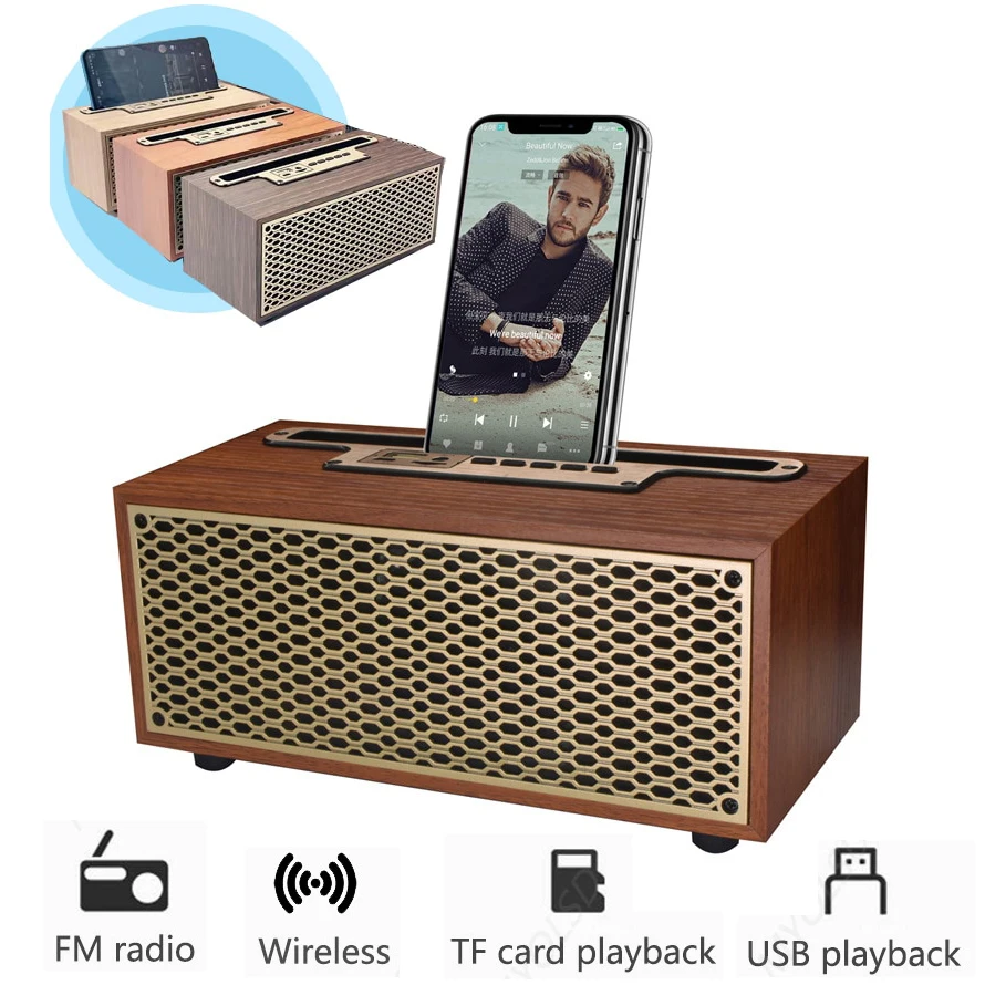 Vintage Wood Grain Bluetooth Speaker TWS Wireless Home Subwoofer Outdoor Portable Radio Gift Stereo Mobile Phone Stand Speaker