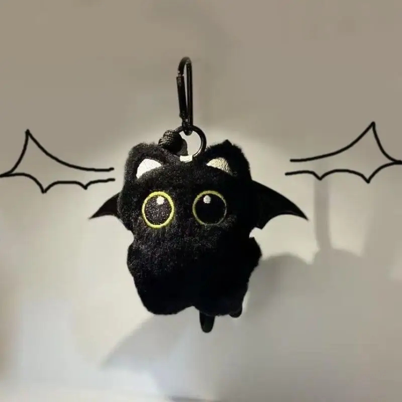 Pendentif de poupée en peluche Kitty noir à ailes d'esprit, Unique, 10cm, grands yeux, Style Punk, accessoire de sac pour cadeau d'anniversaire pour enfant