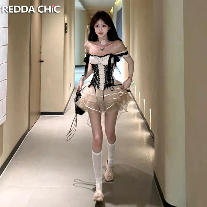 

ReddaChic Crystal Applique Corset Cake Skirt Set Lace-up Bow Boned Top Puffy Layered Ruffle Hi-Lo Skirt Princess Women Clothes