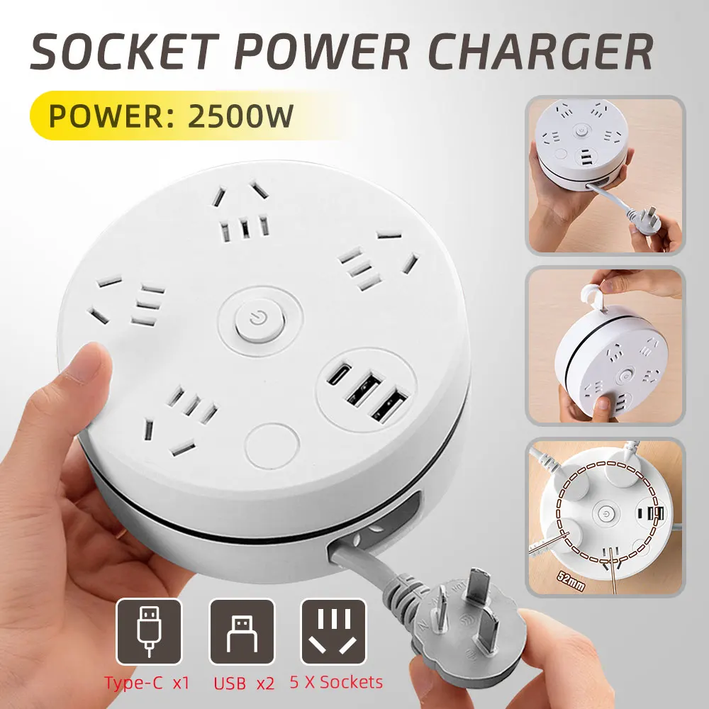 다기능 소켓 전원 보드, 1.8m 케이블, C타입 및 듀얼 USB 포트, 고속 충전 소켓 충전기 라인 보드, 10A, 220V, 2500W