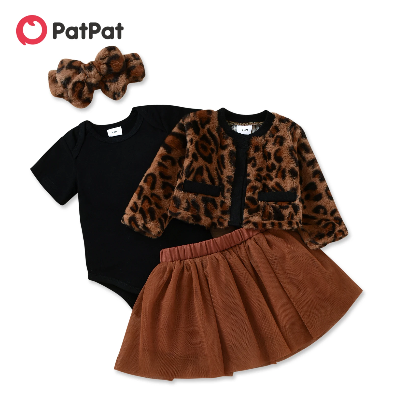 PatPat 4pcs Baby Thickened Fleece Long-sleeve Leopard Outwear and Mesh Tutu Skirt with Romper Set