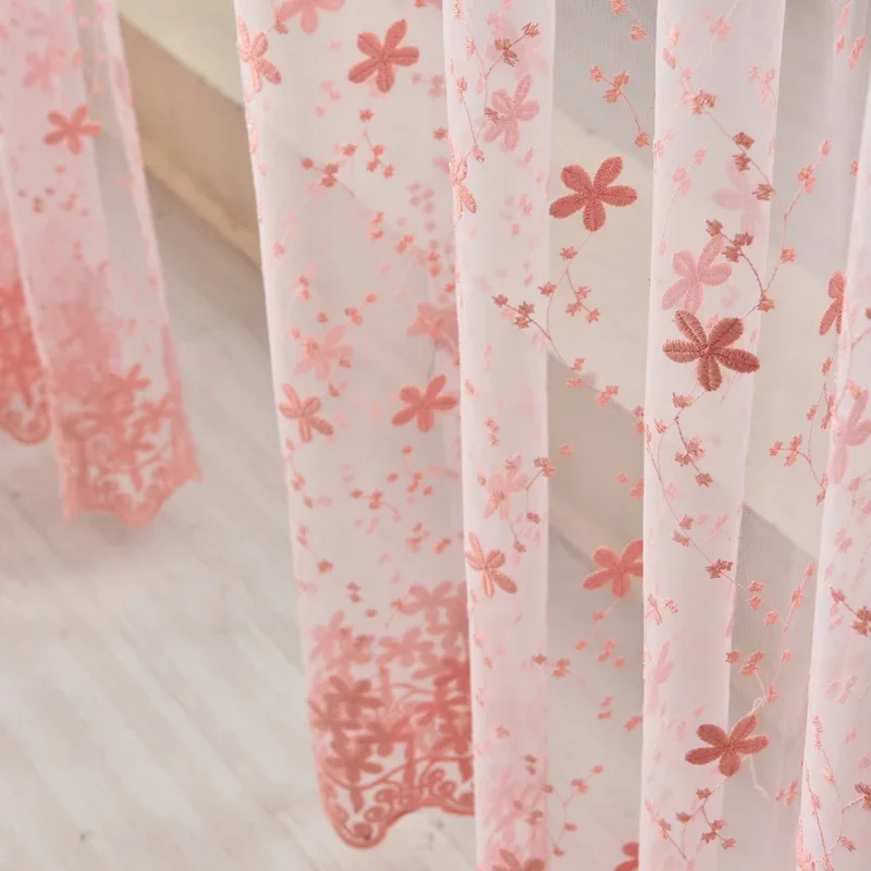Pink Flower Embroidered Sheer Curtain French Vintage Voile Farmhouse Curtain for Bedroom Romantic Bay Window Drapes Grommet Top