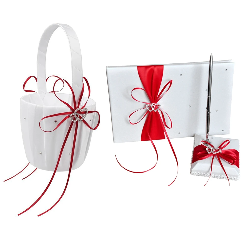 

-ABLP 1 Pcs Double Heart Wedding Flower Girl Basket White Satin Rhinestone Decor & 1 Pcs Wedding Guest Book With Pen Holder
