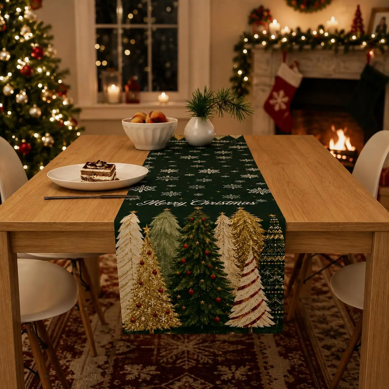 Merry Christmas Table Runner,Xmas Tree Table Decorations Backdrop, Indoor Outdoor Party Favors Supplies Home Kitchen Table Decor