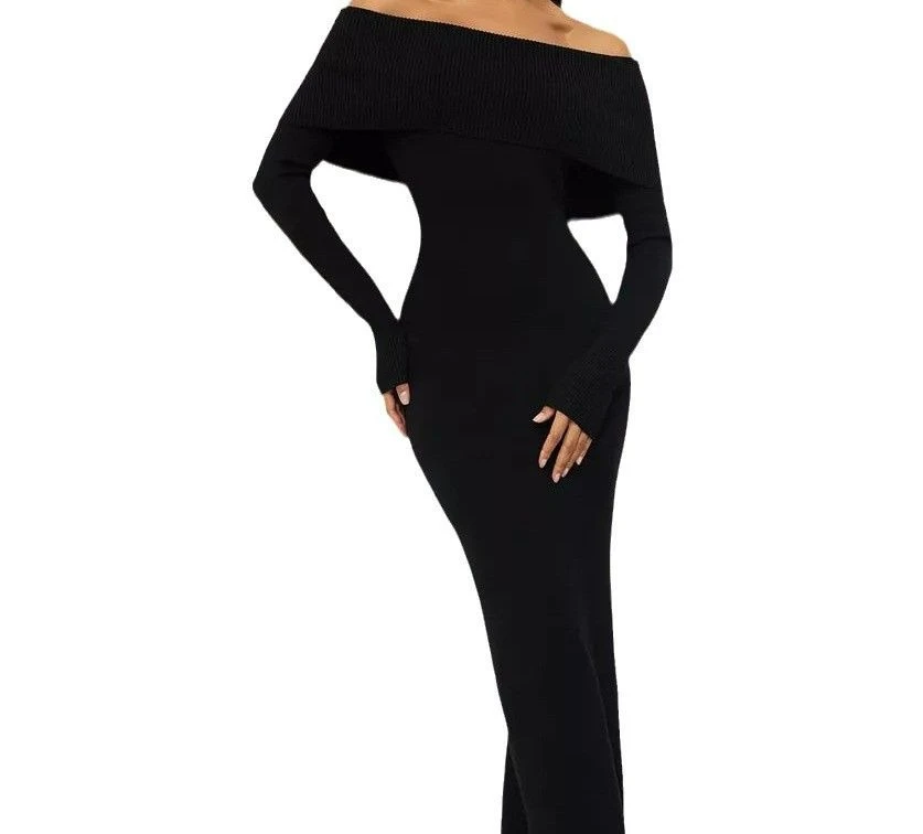 2025 Autumn/Winter New Style Off-the-Shoulder Knitted A-line Sexy Dress