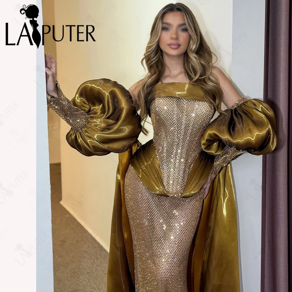 Luxury Gold Evening Dresses Grid Sequin Mermaid Dress Corset Bodice Shiny Organza Tail Puffy Lantern Sleeves Woman Formal Dress