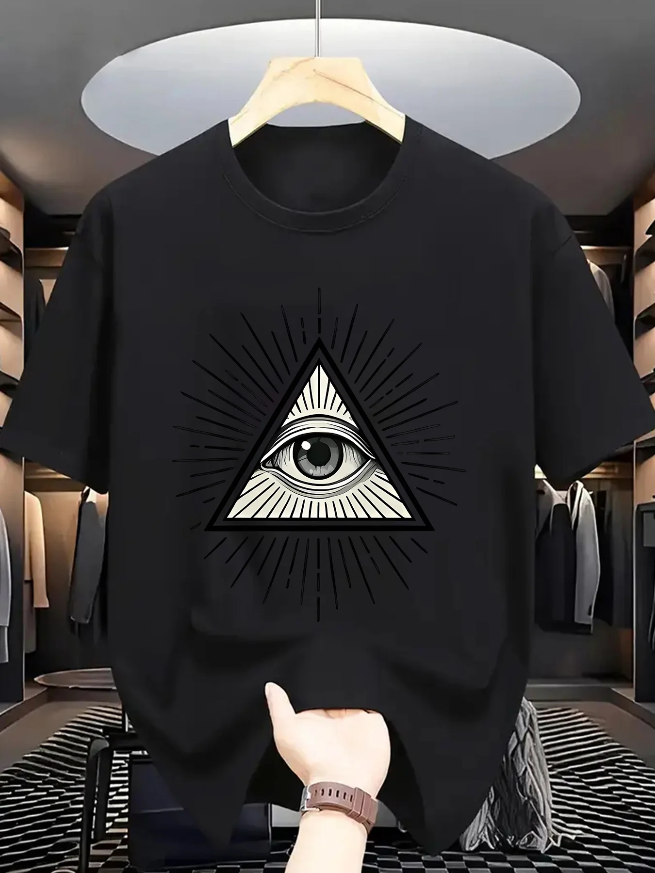 Mystery Symbol Men Short Sleeve Tshirt Triangle All Seeing Eye Ray Print O Neck Tee Occult Vintage Male Casual Fashion Tops