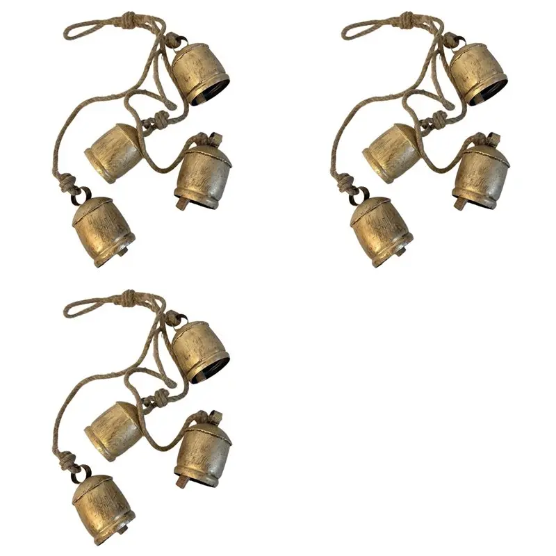 RALCA-3 String 4PCS Cow Bells Cluster On Rope Large Rustic Vintage Lucky Cow Bells On Rope Wall Hanging