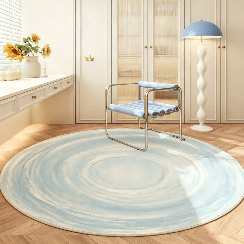 VIKAMA Baby Blue Watercolor Swirl Ink Wash Circular Rug Tasteful Lounge Room Accent Special Favor Silky Snug Sturdy Soft Durable